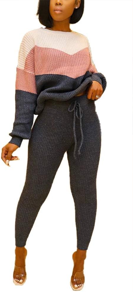 Damen Herbst Strick 2-teilige Outfits Pullover Shirt Top und Bodycon Hose Freizeit Jumpsuit Strampler Plus Size