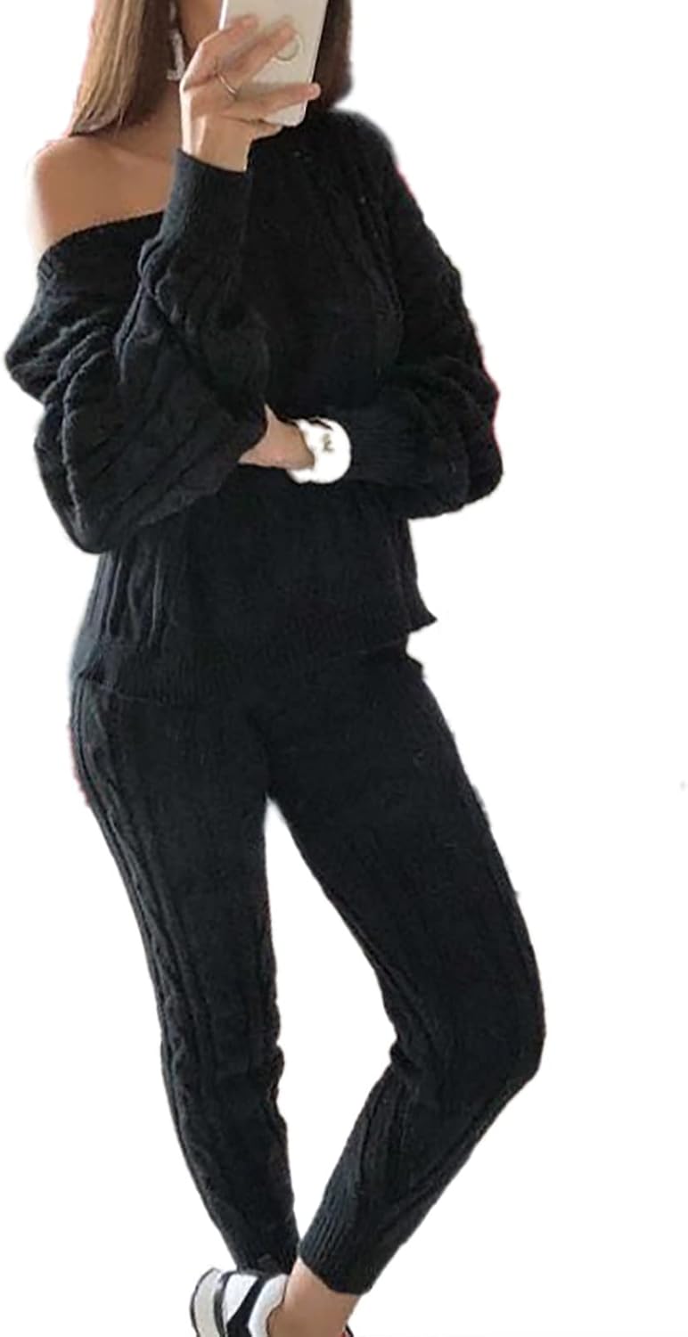 Damen Herbst Strick 2-teilige Outfits Pullover Shirt Top und Bodycon Hose Freizeit Jumpsuit Strampler Plus Size