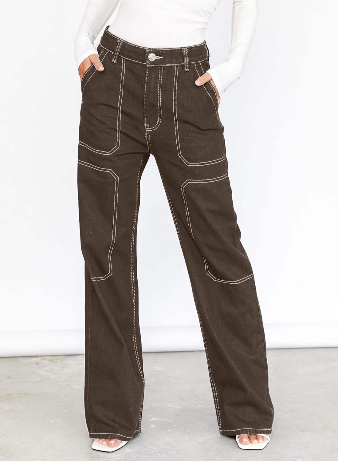 Dokotoo Damen Casual Mid Waist Cargo Jeans Stretch Wide Leg Denim Hose mit Taschen