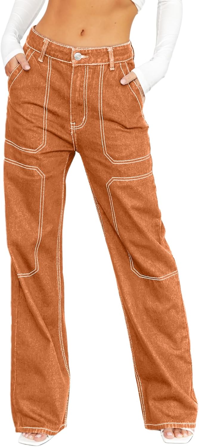 Dokotoo Damen Casual Mid Waist Cargo Jeans Stretch Wide Leg Denim Hose mit Taschen