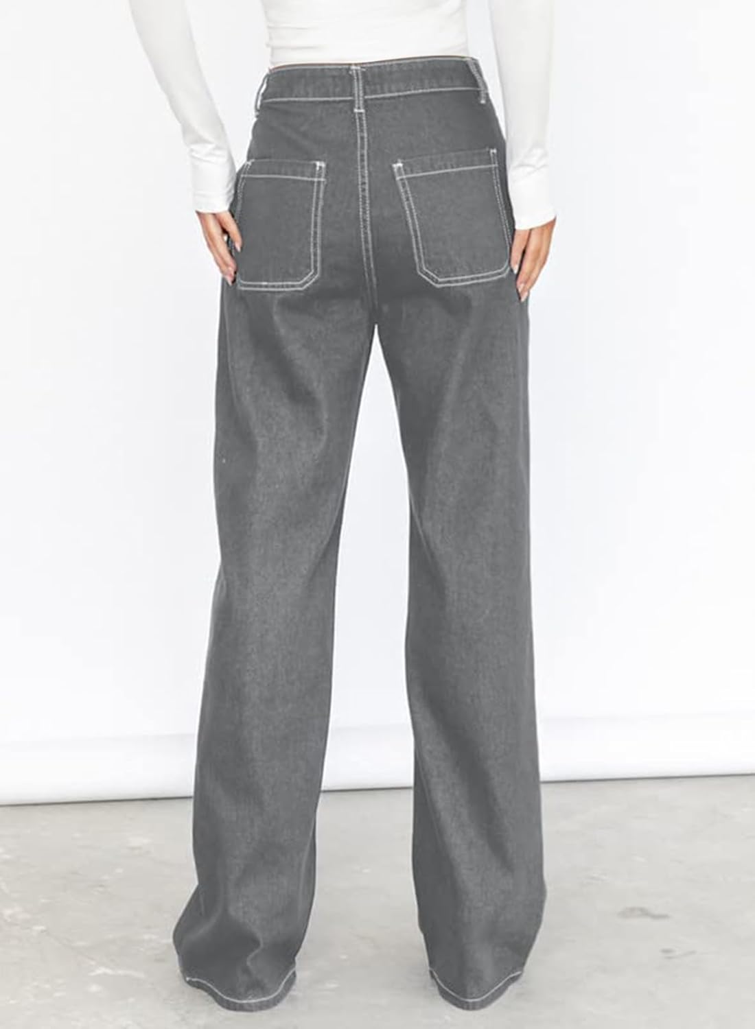 Dokotoo Damen Casual Mid Waist Cargo Jeans Stretch Wide Leg Denim Hose mit Taschen