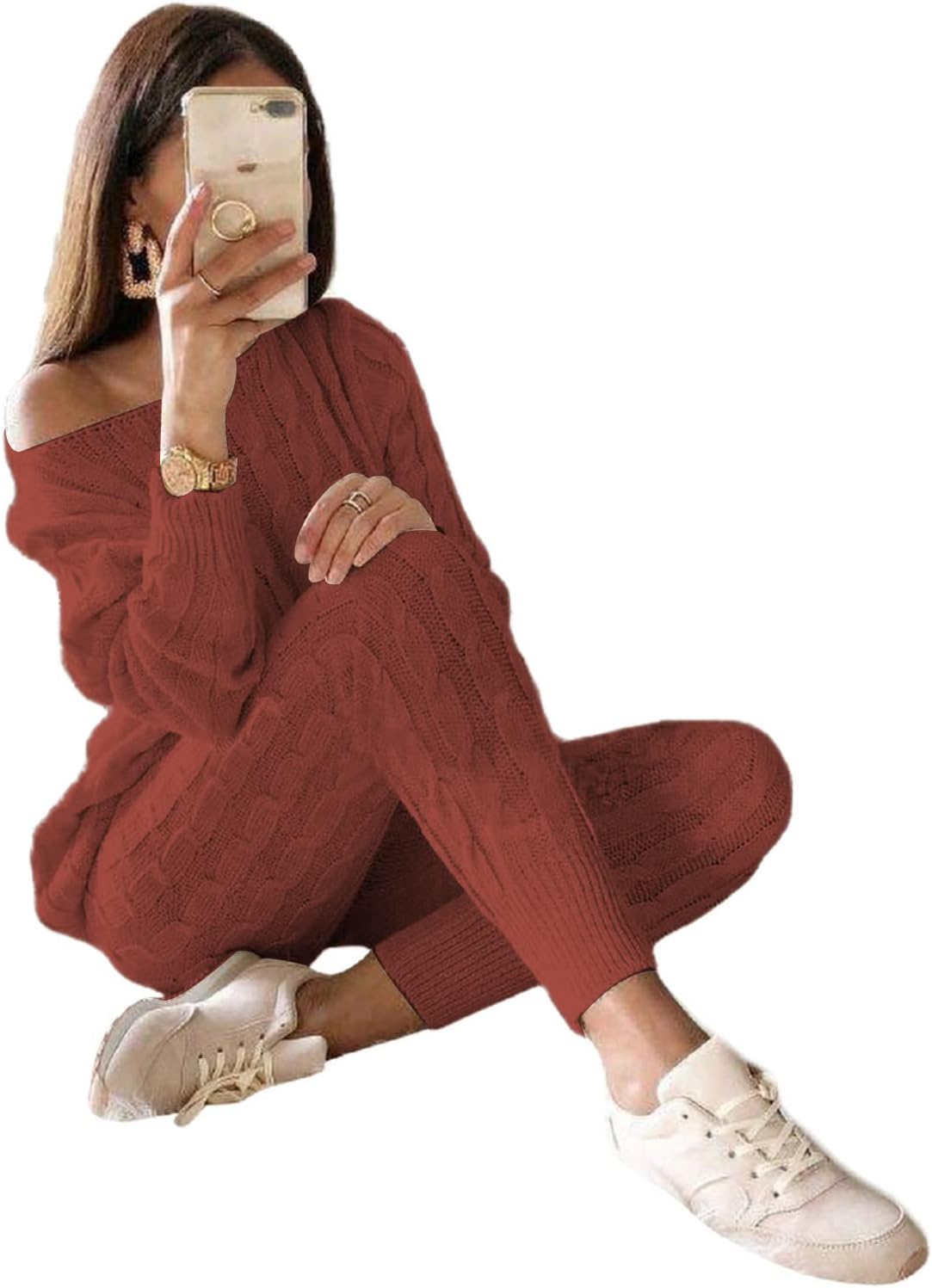 Damen Herbst Strick 2-teilige Outfits Pullover Shirt Top und Bodycon Hose Freizeit Jumpsuit Strampler Plus Size
