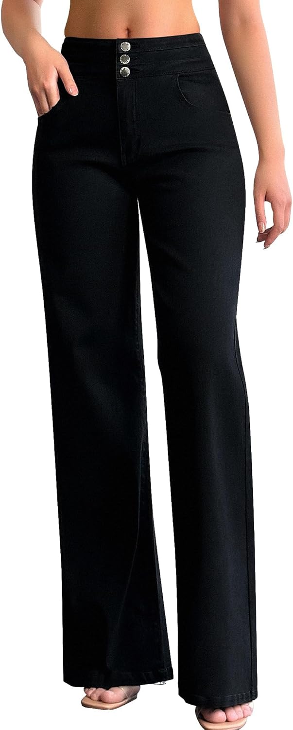 roswear Damen Wide Leg Jeans Lässige High Waist Stretch Baggy Loose Denim Hose