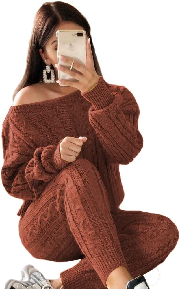 Damen Herbst Strick 2-teilige Outfits Pullover Shirt Top und Bodycon Hose Freizeit Jumpsuit Strampler Plus Size
