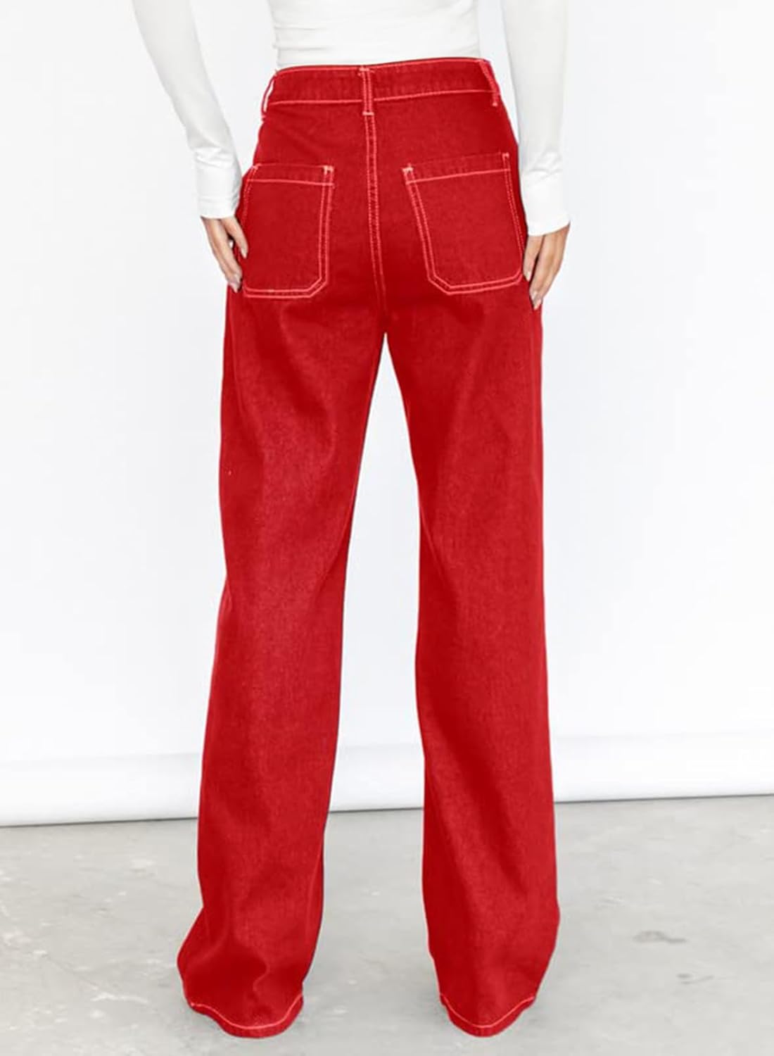 Dokotoo Damen Casual Mid Waist Cargo Jeans Stretch Wide Leg Denim Hose mit Taschen