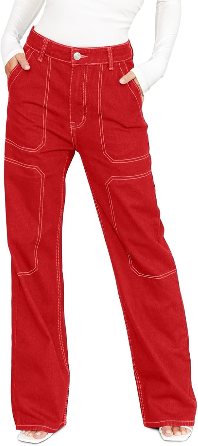 Dokotoo Damen Casual Mid Waist Cargo Jeans Stretch Wide Leg Denim Hose mit Taschen