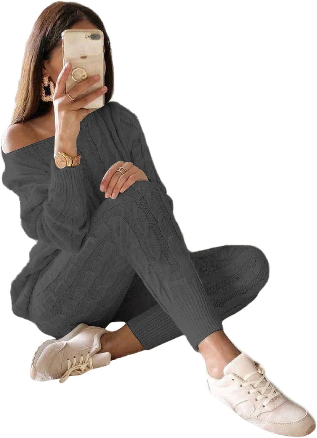 Damen Herbst Strick 2-teilige Outfits Pullover Shirt Top und Bodycon Hose Freizeit Jumpsuit Strampler Plus Size
