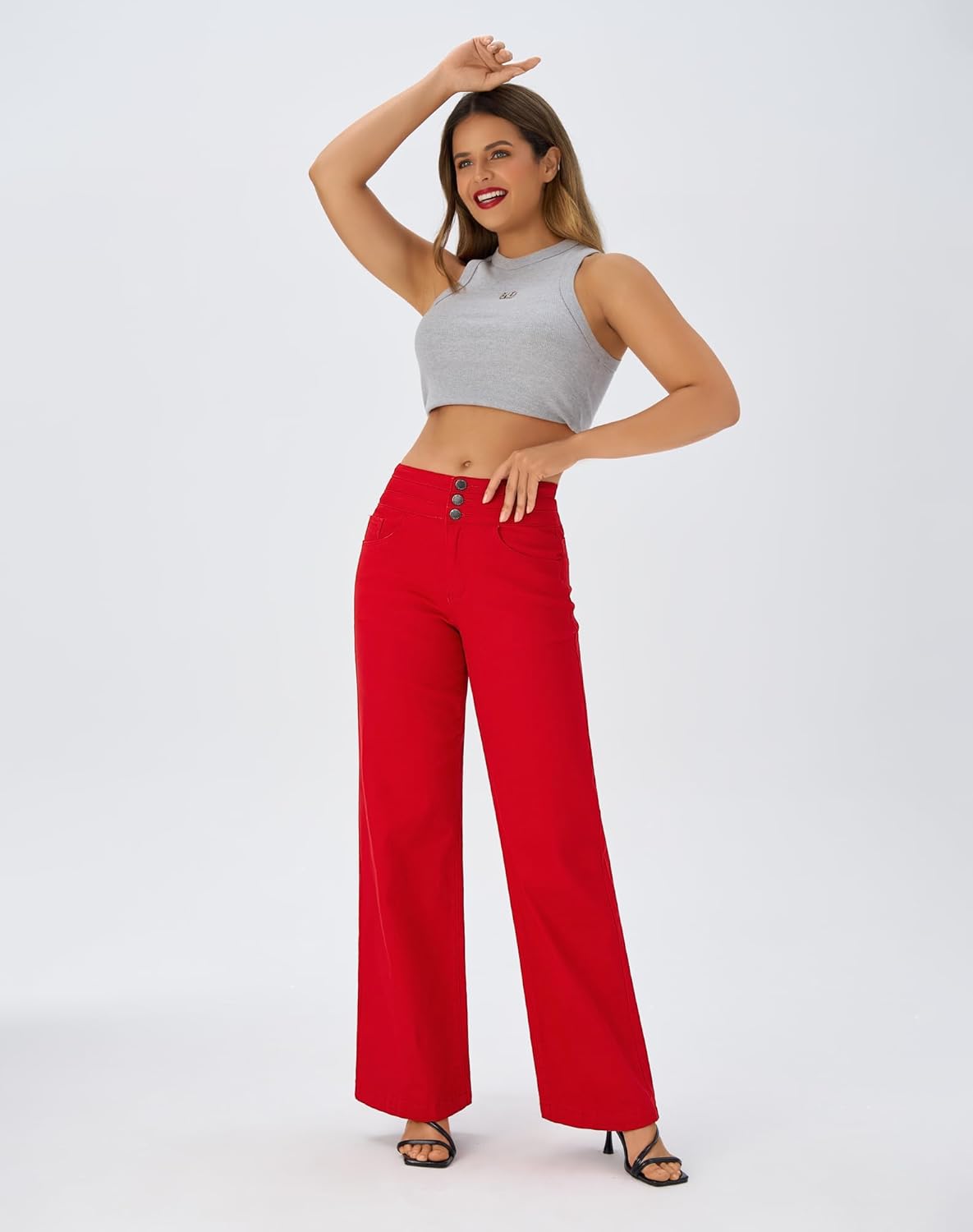 roswear Damen Wide Leg Jeans Lässige High Waist Stretch Baggy Loose Denim Hose