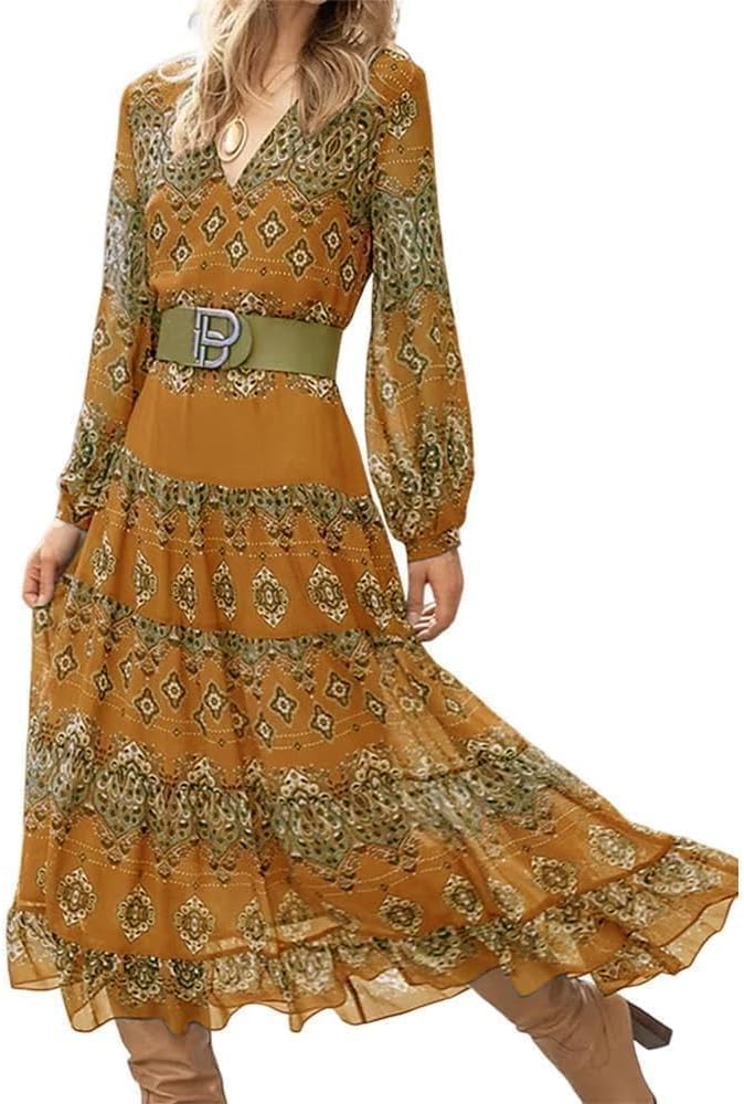 Damen fließendes ethnisches Puffärmel-Midikleid, lässiges Boho-Blumen-Swing-Kleid mit V-Ausschnitt, Urlaubskleid mit Rüschen und Gürtel
