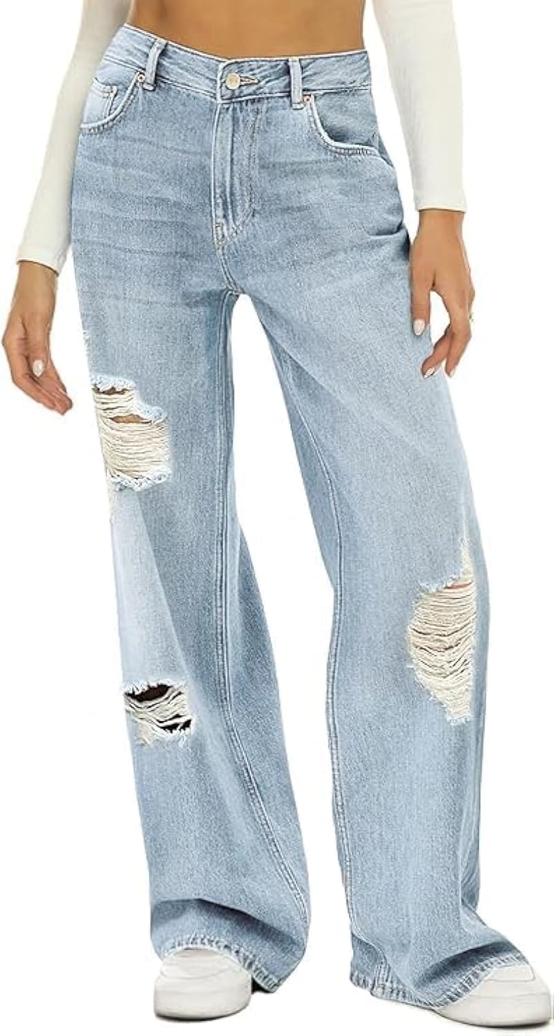 HDLTE Damen Jeans Weites Bein High Waist Baggy Jeans Loose Boyfriend Jeans Denim Hose Y2K