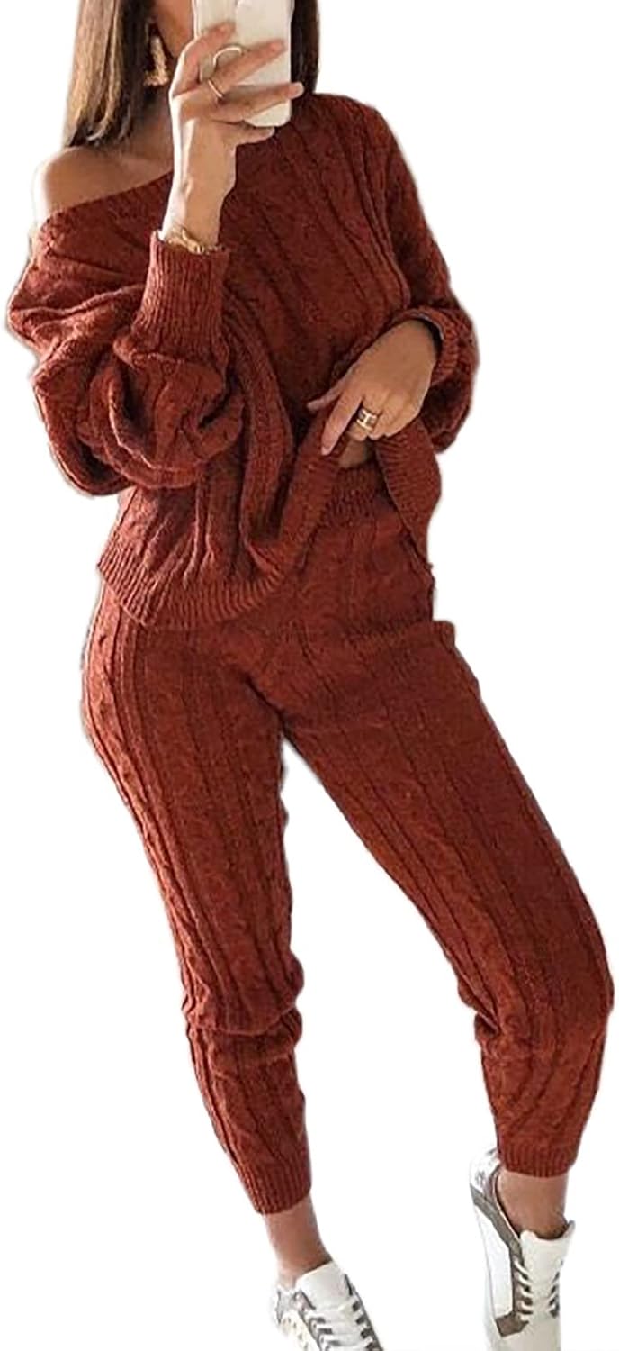 Damen Herbst Strick 2-teilige Outfits Pullover Shirt Top und Bodycon Hose Freizeit Jumpsuit Strampler Plus Size