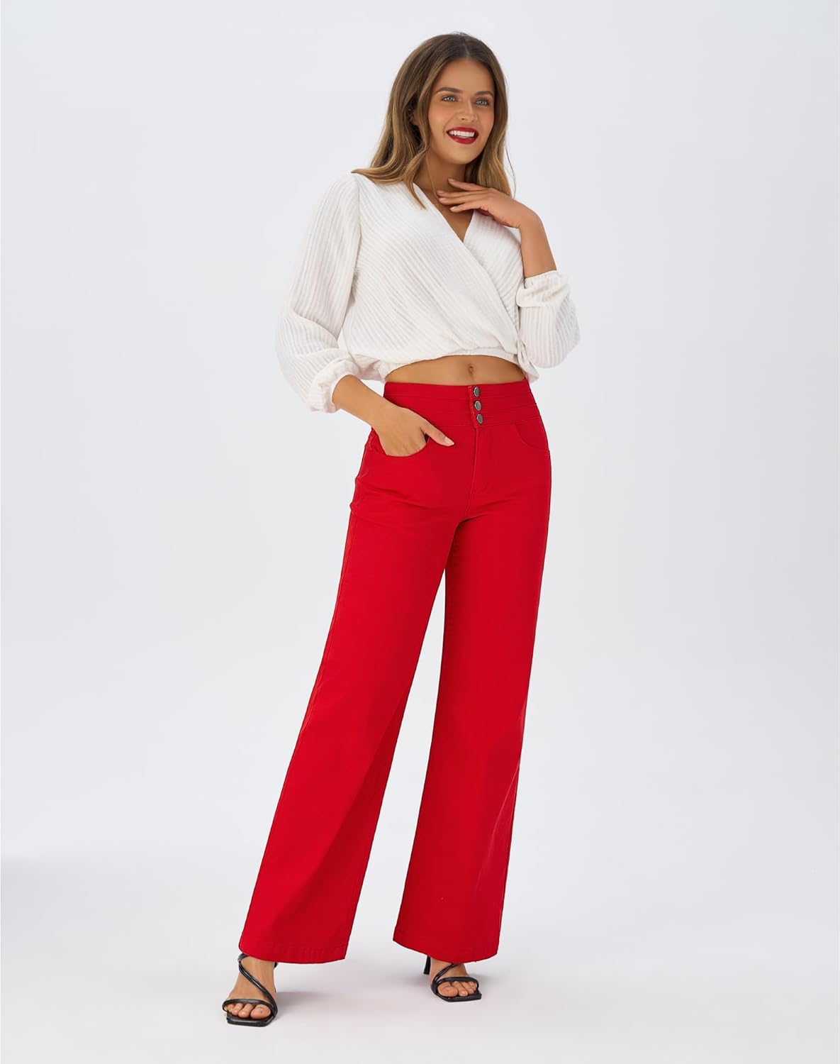 roswear Damen Wide Leg Jeans Lässige High Waist Stretch Baggy Loose Denim Hose