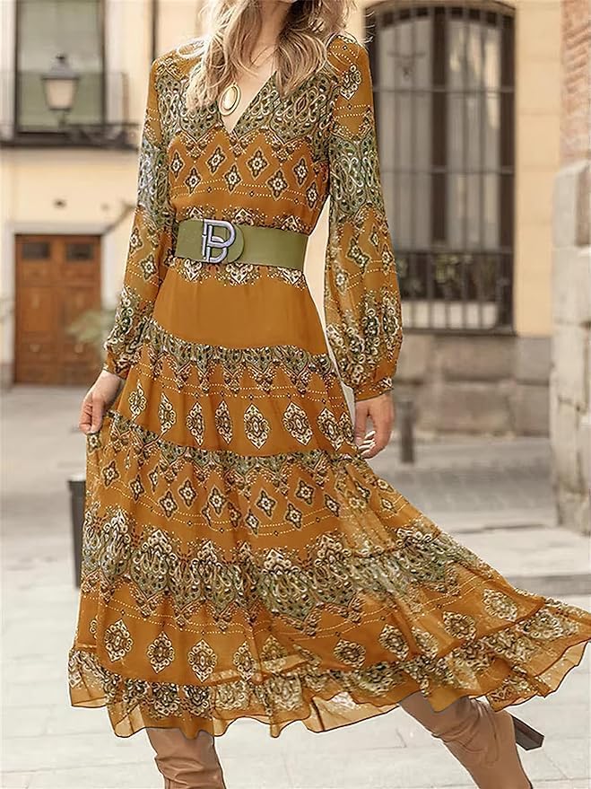 Damen fließendes ethnisches Puffärmel-Midikleid, lässiges Boho-Blumen-Swing-Kleid mit V-Ausschnitt, Urlaubskleid mit Rüschen und Gürtel