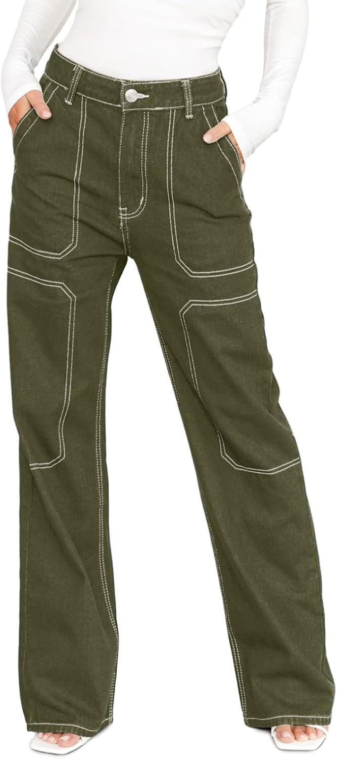 Dokotoo Damen Casual Mid Waist Cargo Jeans Stretch Wide Leg Denim Hose mit Taschen
