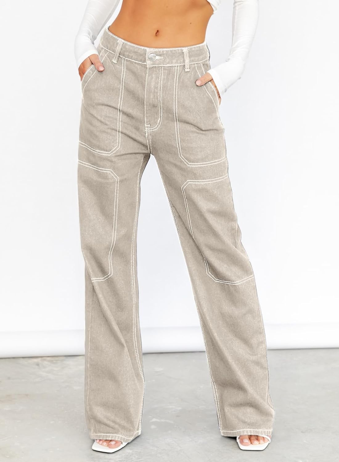 Dokotoo Damen Casual Mid Waist Cargo Jeans Stretch Wide Leg Denim Hose mit Taschen
