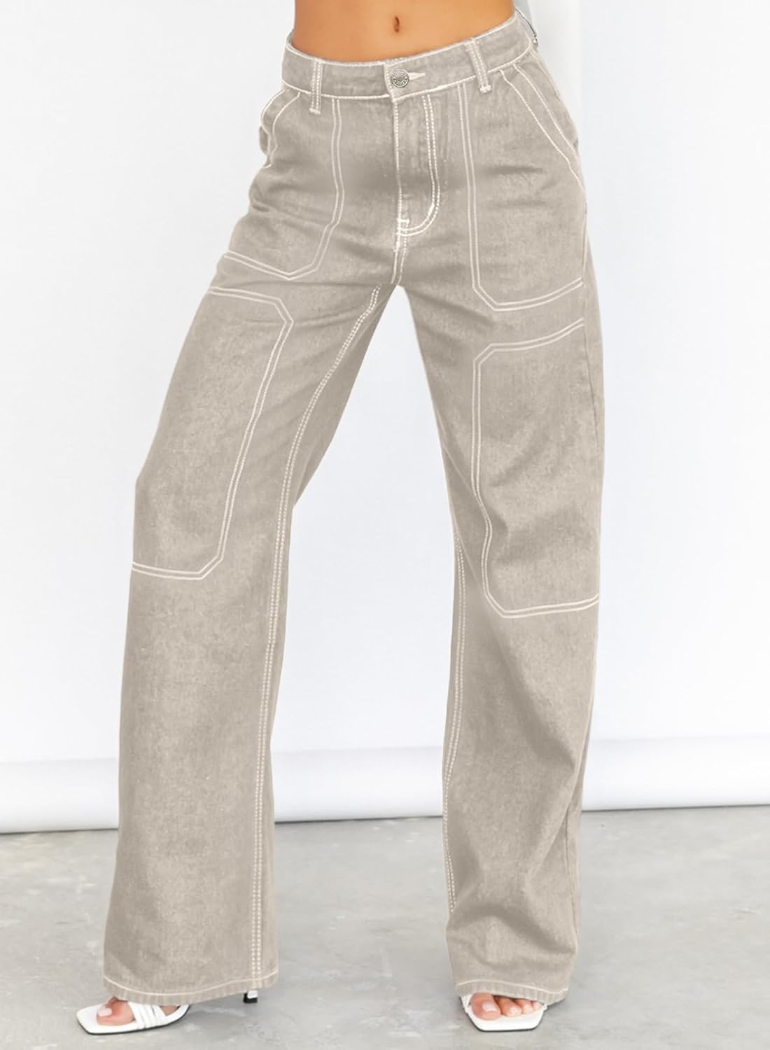 Dokotoo Damen Casual Mid Waist Cargo Jeans Stretch Wide Leg Denim Hose mit Taschen