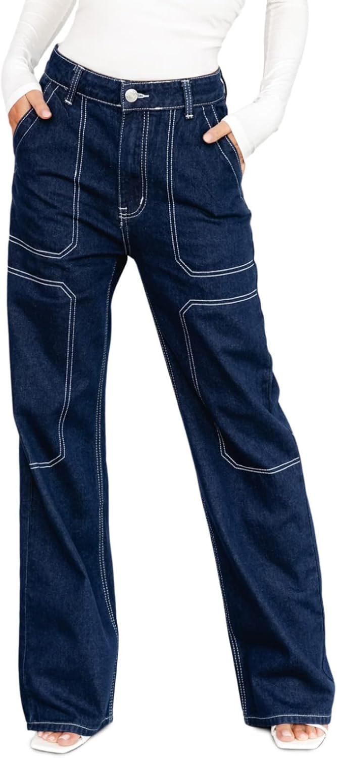 Dokotoo Damen Casual Mid Waist Cargo Jeans Stretch Wide Leg Denim Hose mit Taschen