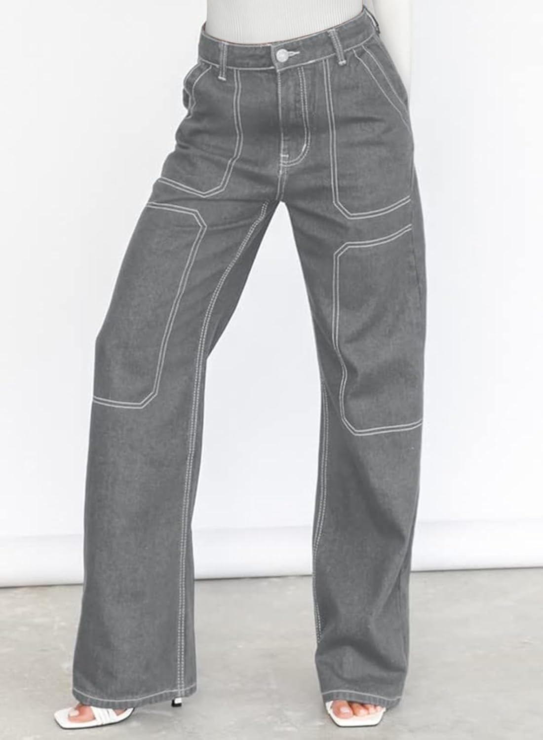 Dokotoo Damen Casual Mid Waist Cargo Jeans Stretch Wide Leg Denim Hose mit Taschen