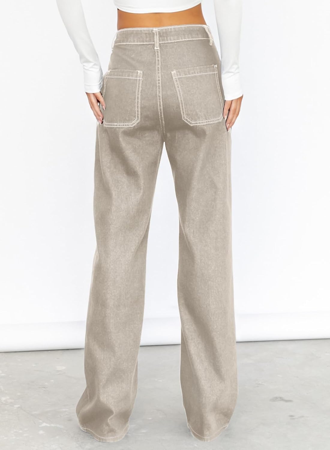 Dokotoo Damen Casual Mid Waist Cargo Jeans Stretch Wide Leg Denim Hose mit Taschen