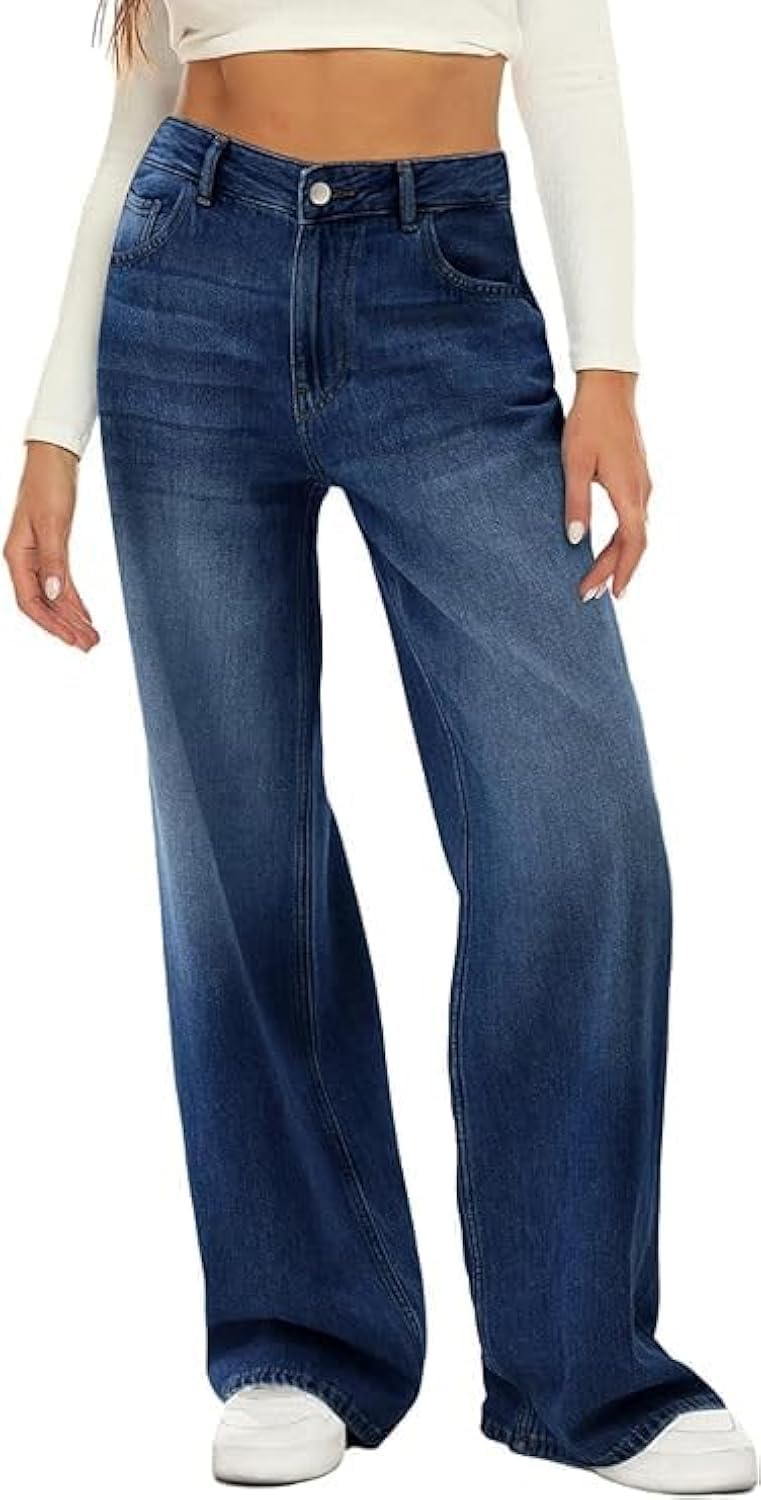 HDLTE Damen Jeans Weites Bein High Waist Baggy Jeans Loose Boyfriend Jeans Denim Hose Y2K
