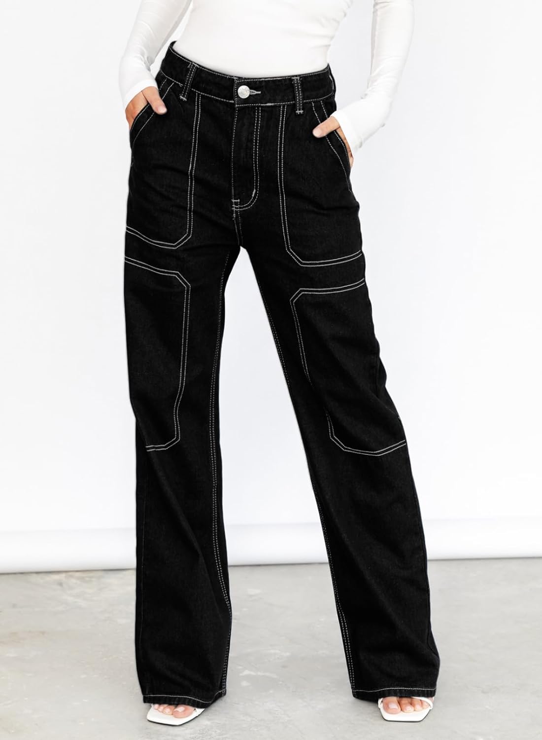 Dokotoo Damen Casual Mid Waist Cargo Jeans Stretch Wide Leg Denim Hose mit Taschen