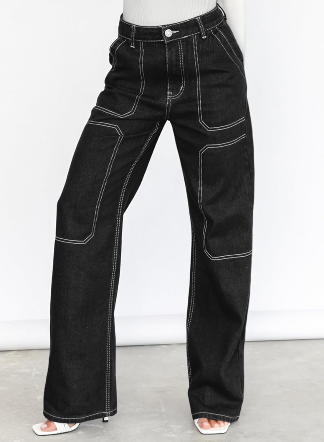 Dokotoo Damen Casual Mid Waist Cargo Jeans Stretch Wide Leg Denim Hose mit Taschen