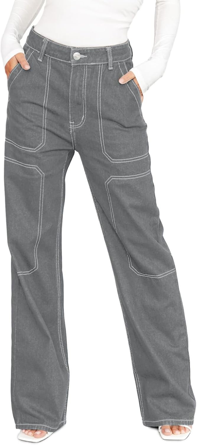 Dokotoo Damen Casual Mid Waist Cargo Jeans Stretch Wide Leg Denim Hose mit Taschen