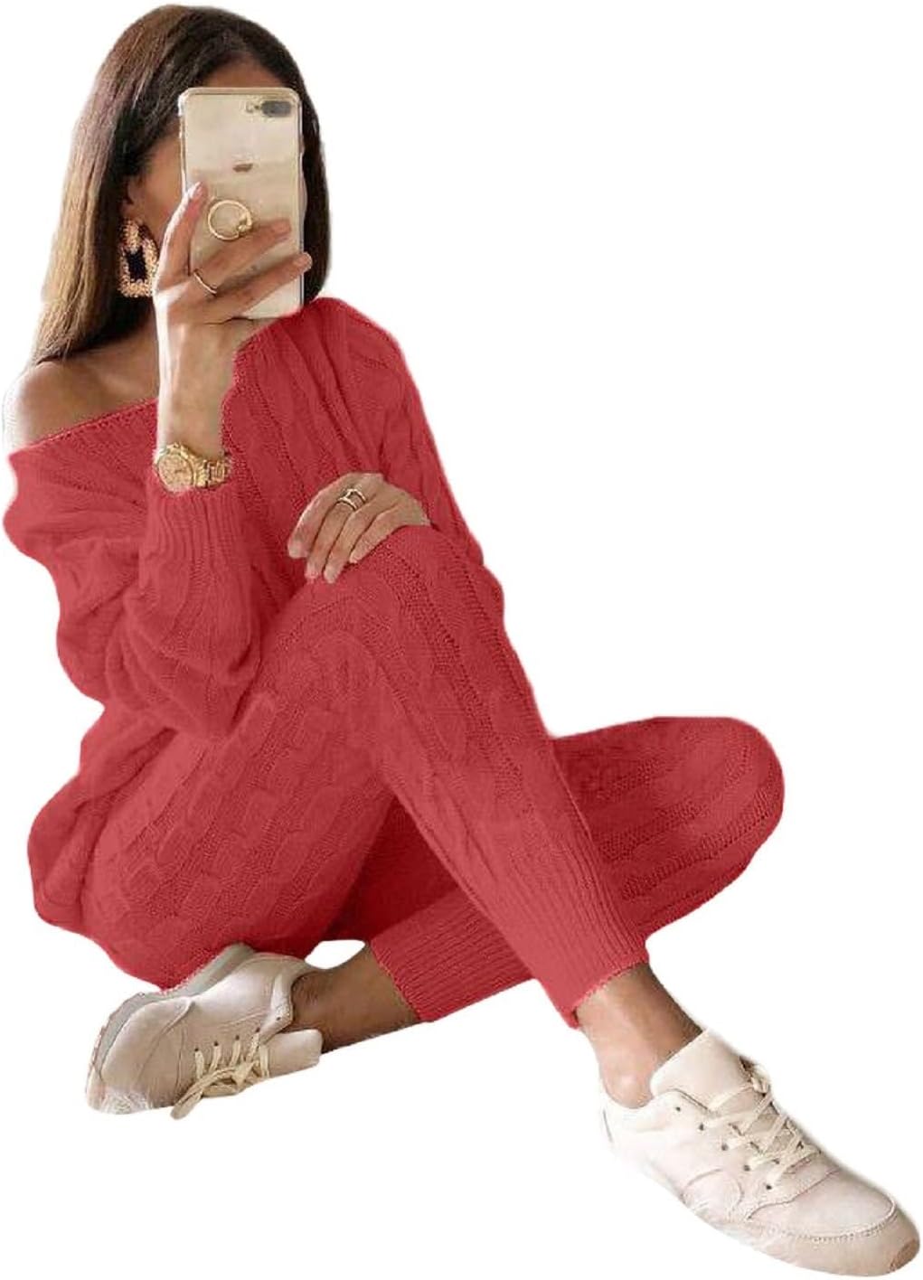 Damen Herbst Strick 2-teilige Outfits Pullover Shirt Top und Bodycon Hose Freizeit Jumpsuit Strampler Plus Size