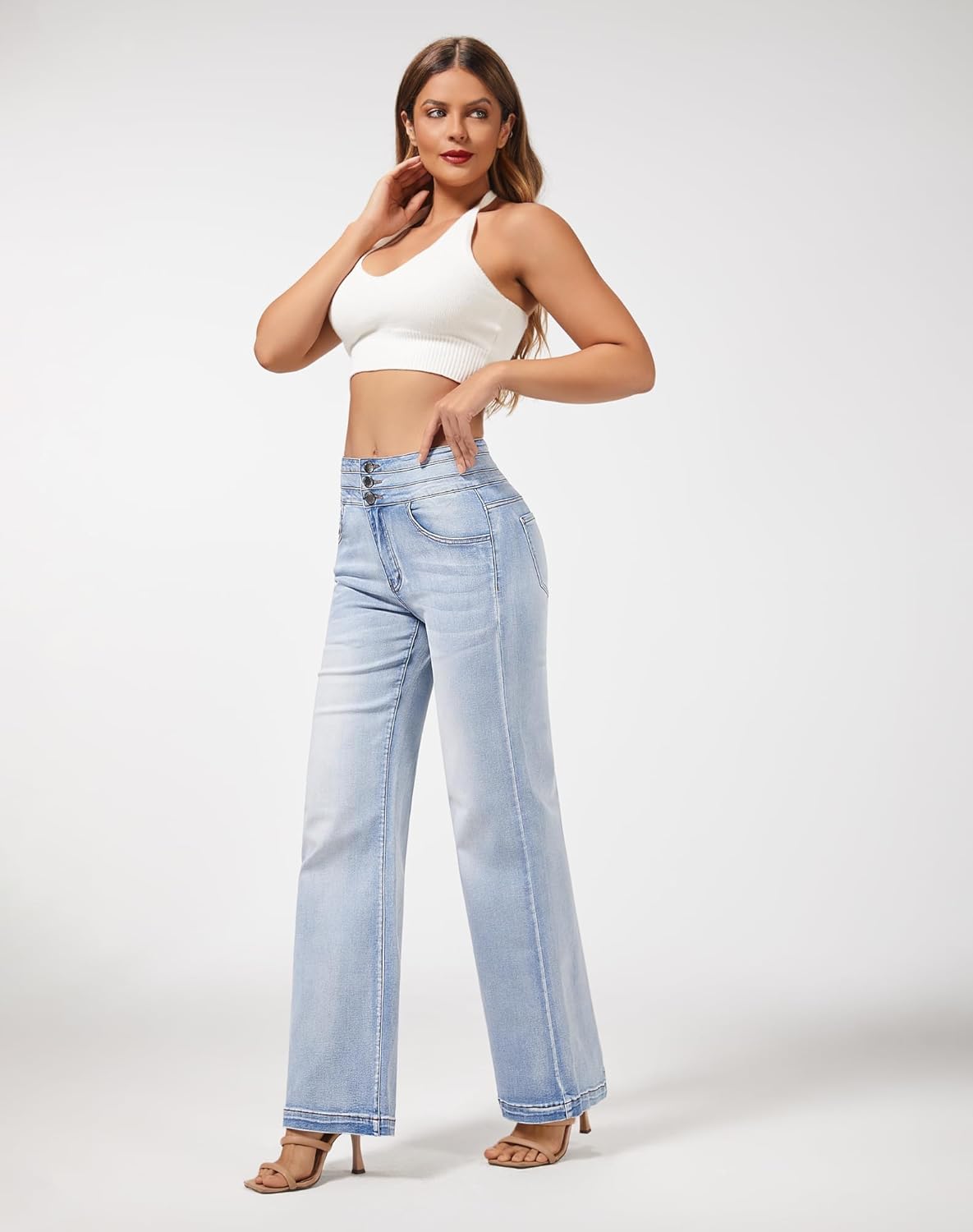 roswear Damen Wide Leg Jeans Lässige High Waist Stretch Baggy Loose Denim Hose