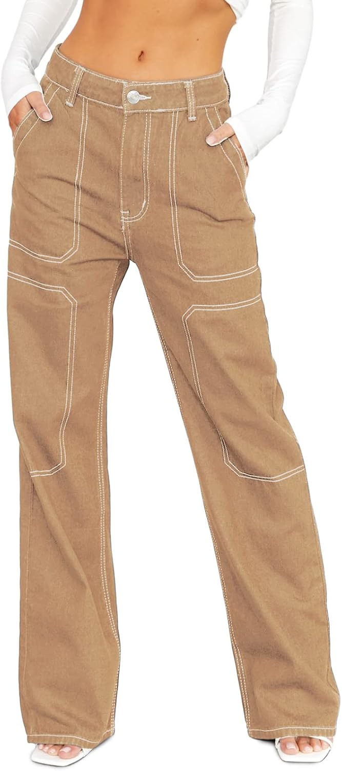 Dokotoo Damen Casual Mid Waist Cargo Jeans Stretch Wide Leg Denim Hose mit Taschen
