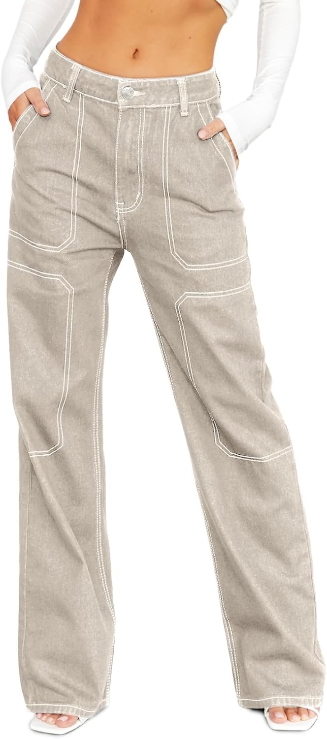 Dokotoo Damen Casual Mid Waist Cargo Jeans Stretch Wide Leg Denim Hose mit Taschen