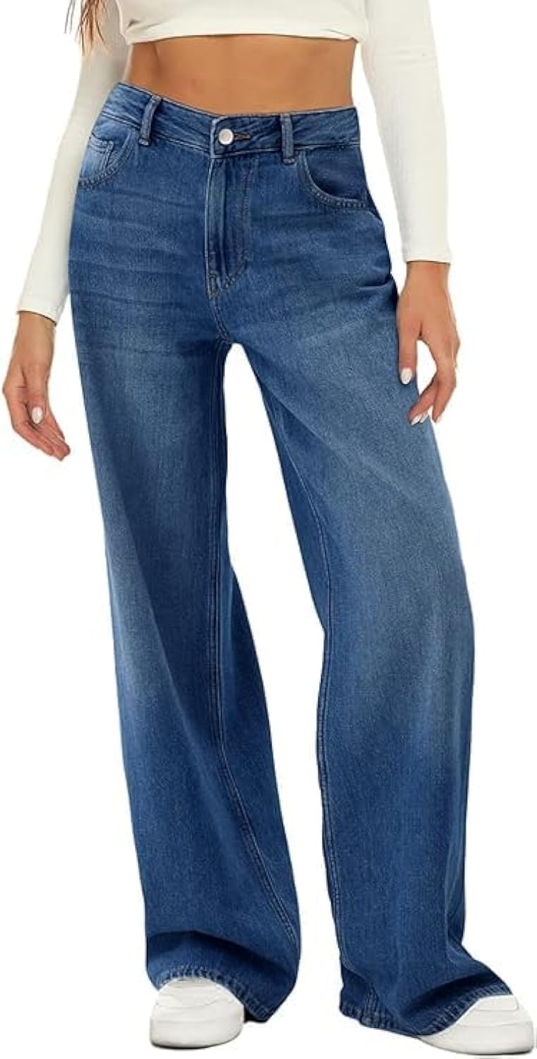 HDLTE Damen Jeans Weites Bein High Waist Baggy Jeans Loose Boyfriend Jeans Denim Hose Y2K