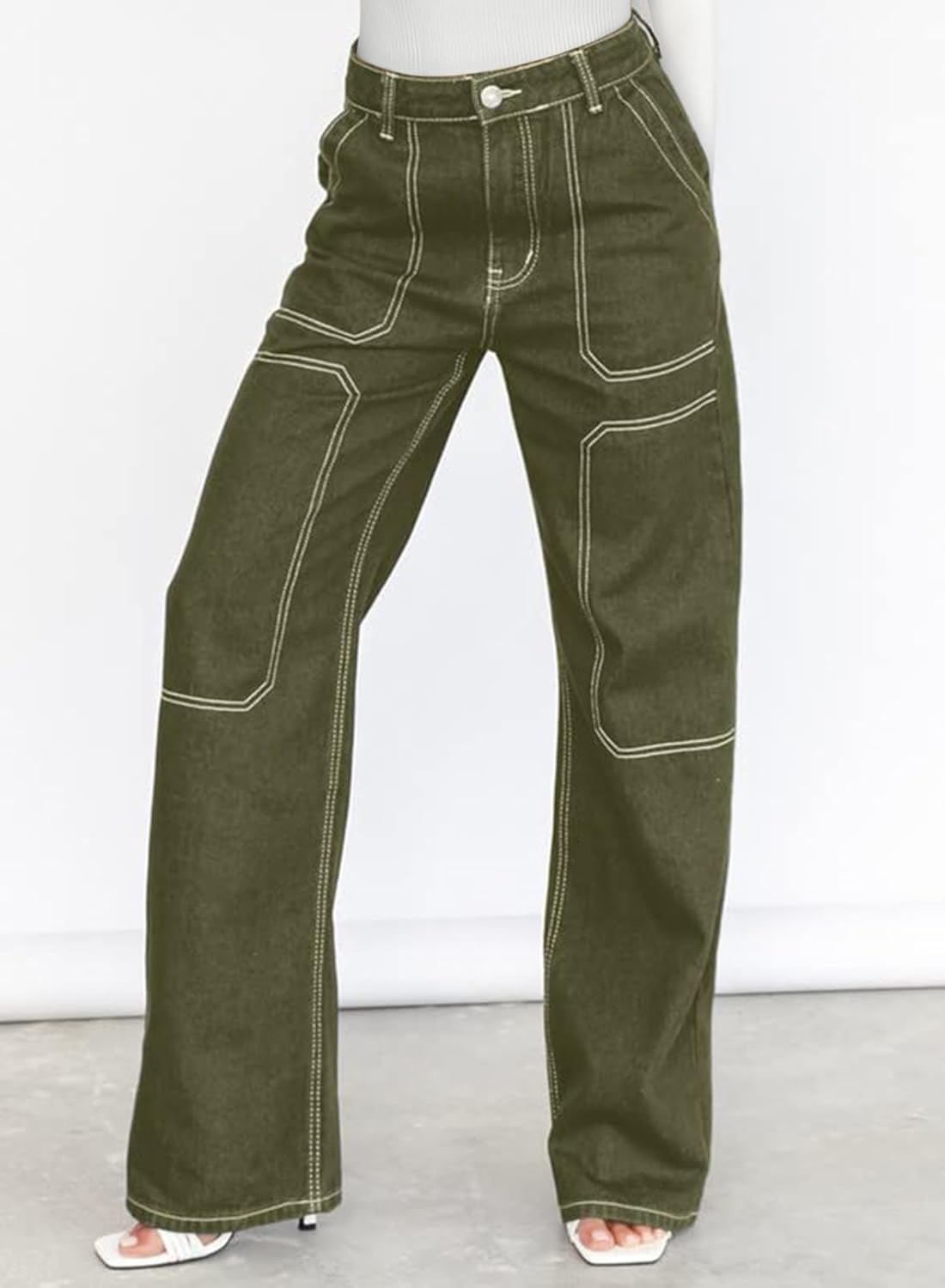 Dokotoo Damen Casual Mid Waist Cargo Jeans Stretch Wide Leg Denim Hose mit Taschen