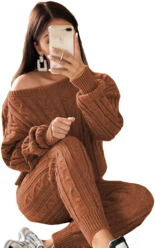 Damen Herbst Strick 2-teilige Outfits Pullover Shirt Top und Bodycon Hose Freizeit Jumpsuit Strampler Plus Size