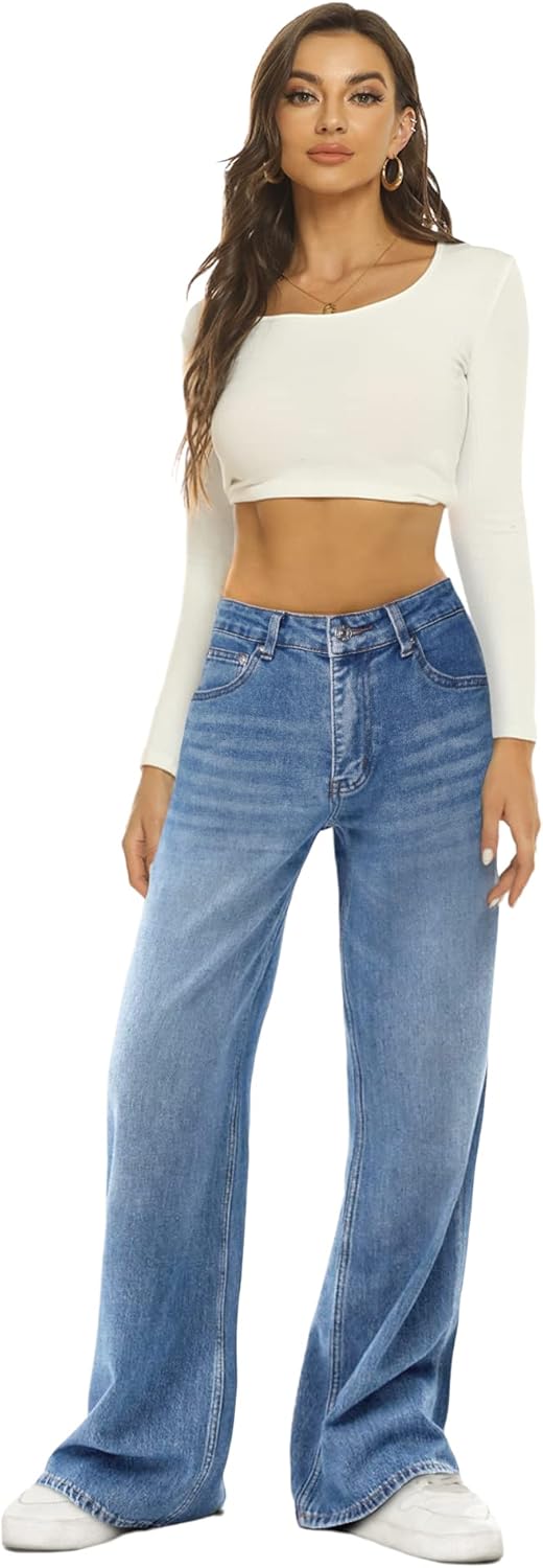 HDLTE Damen Jeans Weites Bein High Waist Baggy Jeans Loose Boyfriend Jeans Denim Hose Y2K