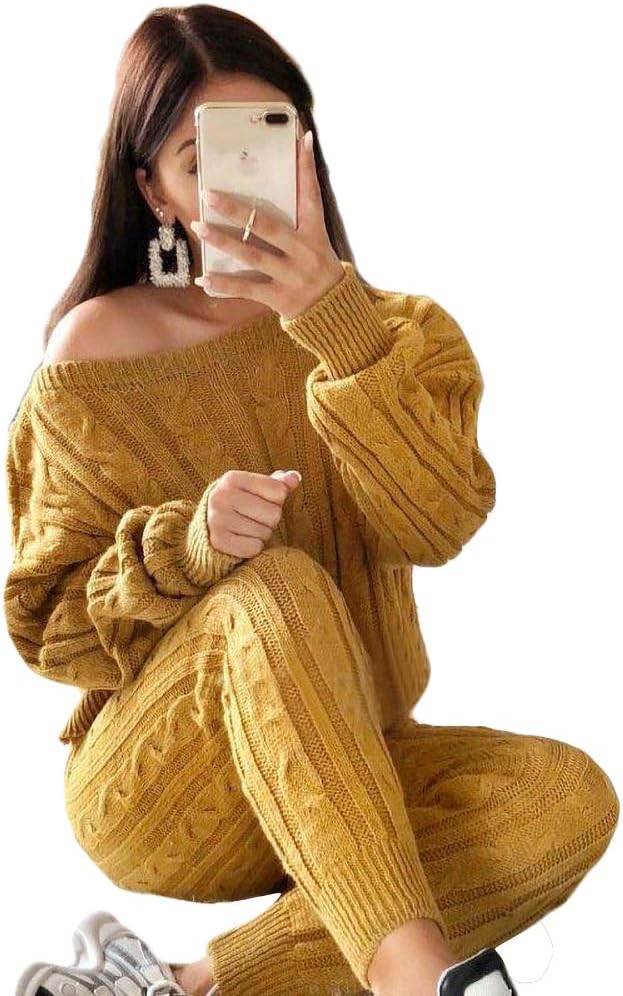 Damen Herbst Strick 2-teilige Outfits Pullover Shirt Top und Bodycon Hose Freizeit Jumpsuit Strampler Plus Size