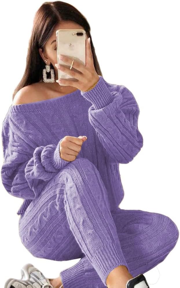 Damen Herbst Strick 2-teilige Outfits Pullover Shirt Top und Bodycon Hose Freizeit Jumpsuit Strampler Plus Size
