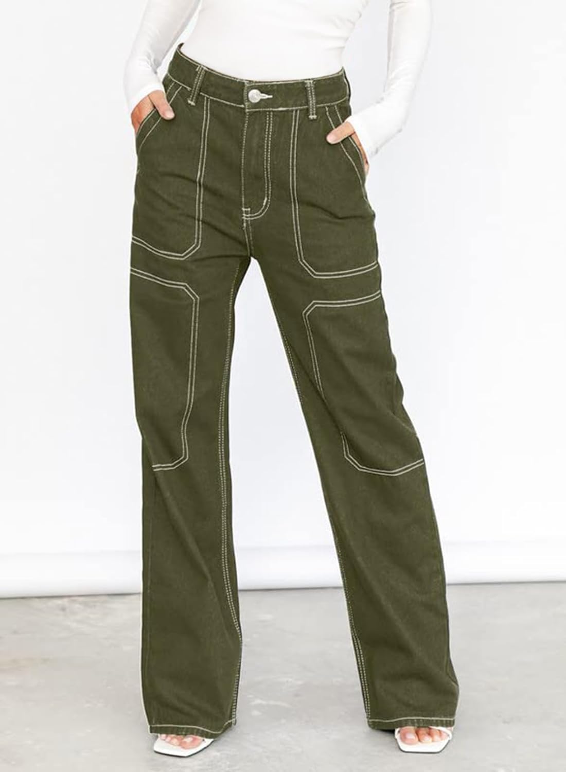 Dokotoo Damen Casual Mid Waist Cargo Jeans Stretch Wide Leg Denim Hose mit Taschen