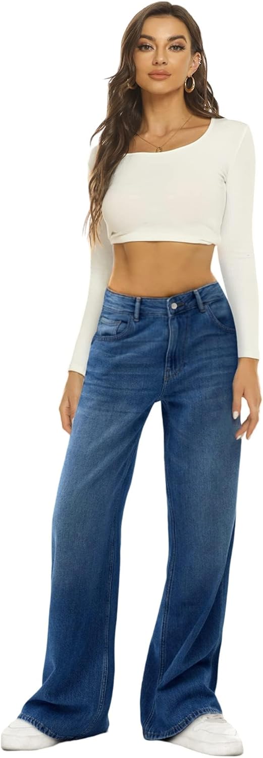 HDLTE Damen Jeans Weites Bein High Waist Baggy Jeans Loose Boyfriend Jeans Denim Hose Y2K