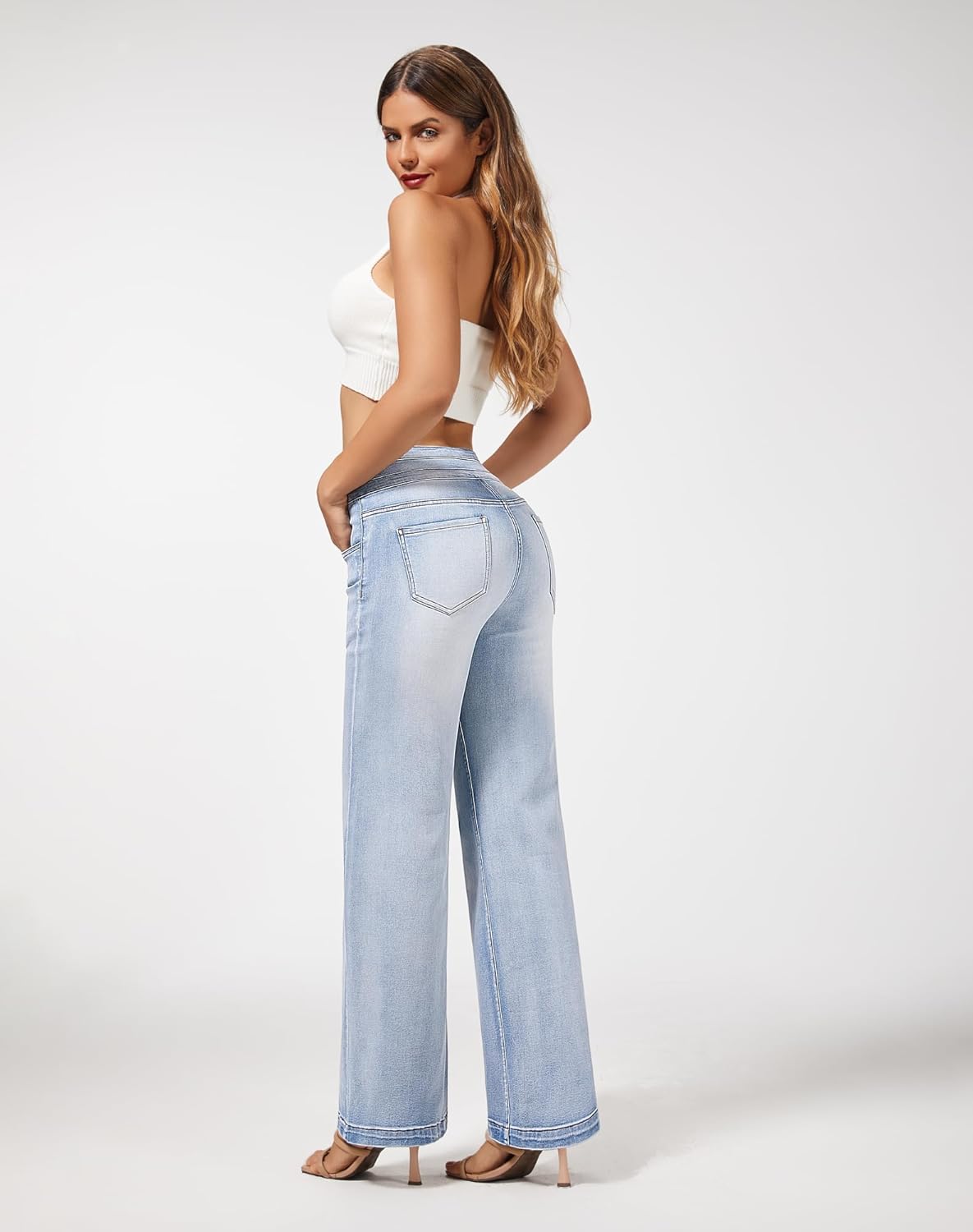 roswear Damen Wide Leg Jeans Lässige High Waist Stretch Baggy Loose Denim Hose