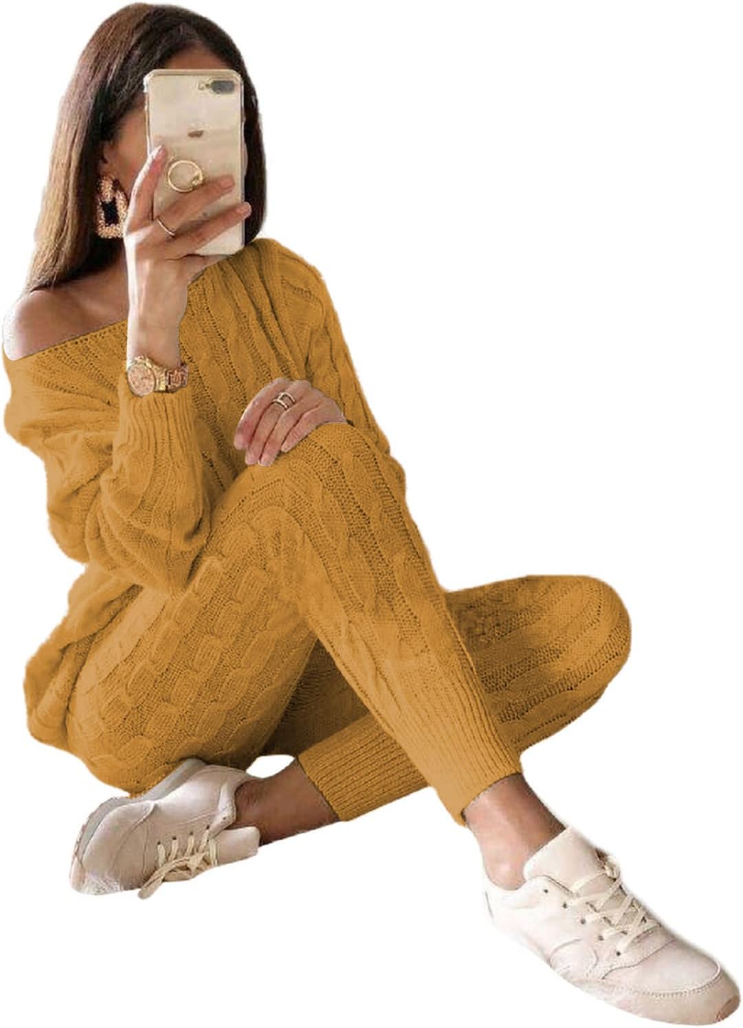 Damen Herbst Strick 2-teilige Outfits Pullover Shirt Top und Bodycon Hose Freizeit Jumpsuit Strampler Plus Size