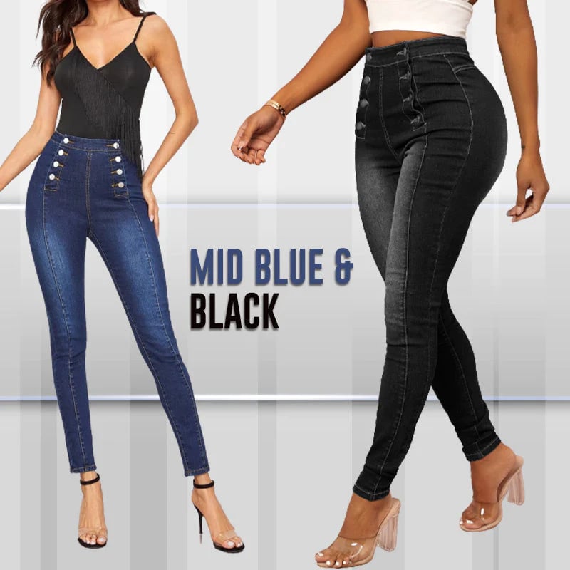 💥Zweireihige High Waist Skinny Jeans