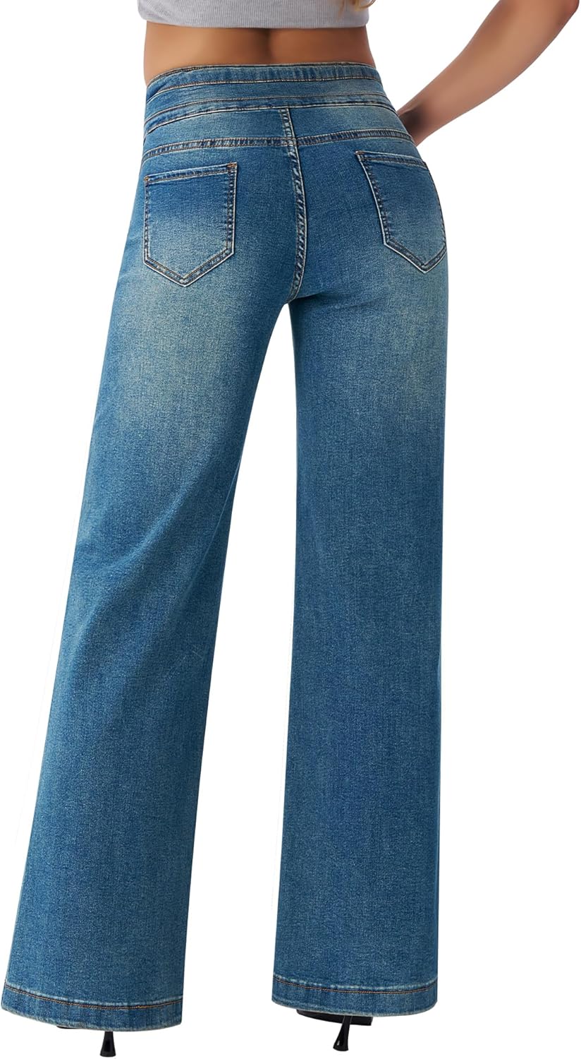 roswear Damen Wide Leg Jeans Lässige High Waist Stretch Baggy Loose Denim Hose