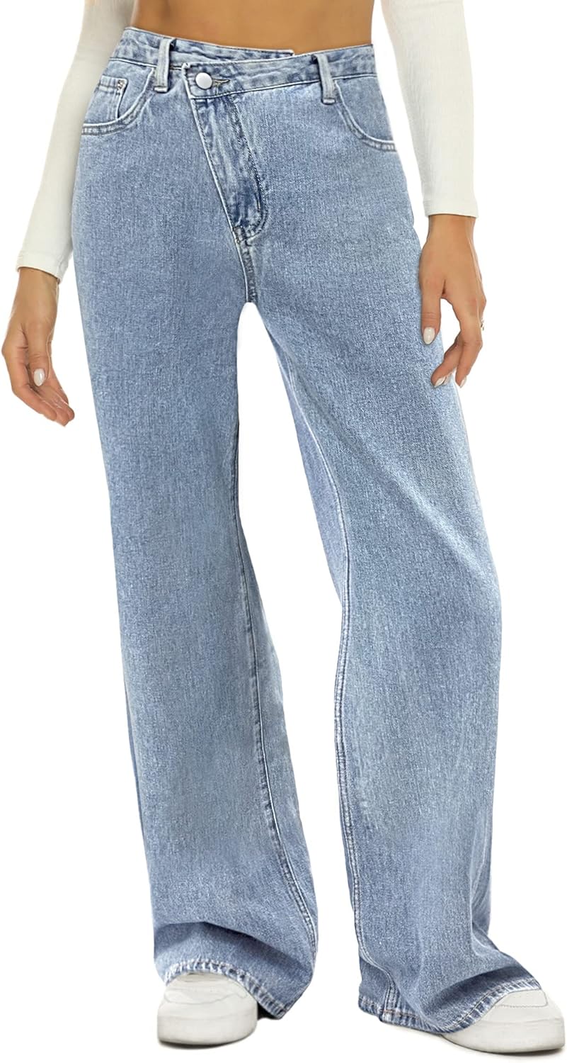 HDLTE Damen Jeans Weites Bein High Waist Baggy Jeans Loose Boyfriend Jeans Denim Hose Y2K