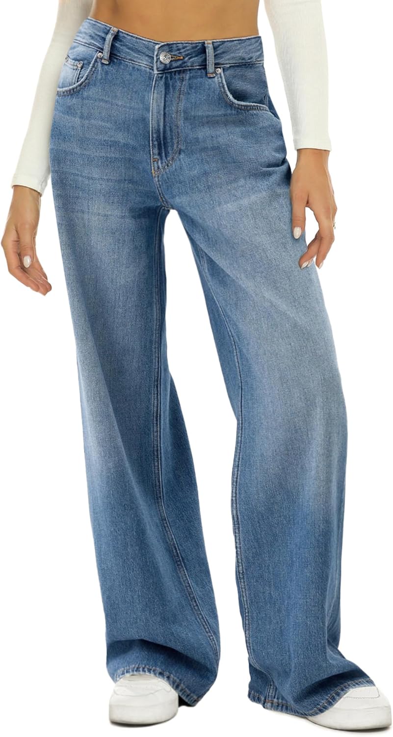 HDLTE Damen Jeans Weites Bein High Waist Baggy Jeans Loose Boyfriend Jeans Denim Hose Y2K
