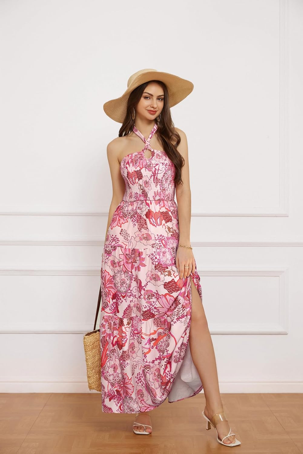 GRACE KARIN Damen Sommerkleider 2025 Neckholder Ärmellos Gesmoktes Rückenloses Cut-Out Blumenmuster Fließendes A-Linien Maxikleid