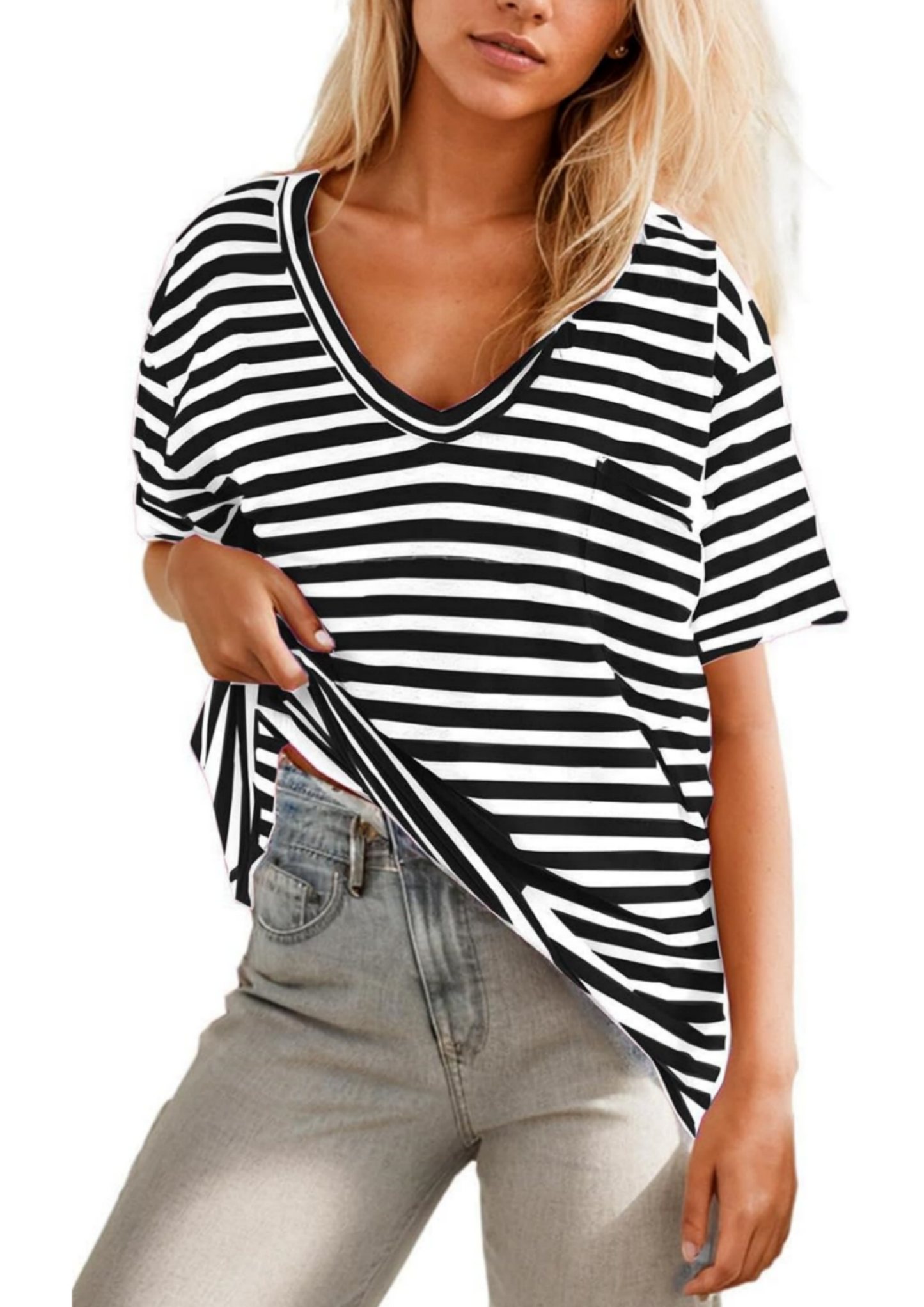 Damen V-Ausschnitt Gestreiftes T-Shirt (3 kaufen, kostenloser Versand)