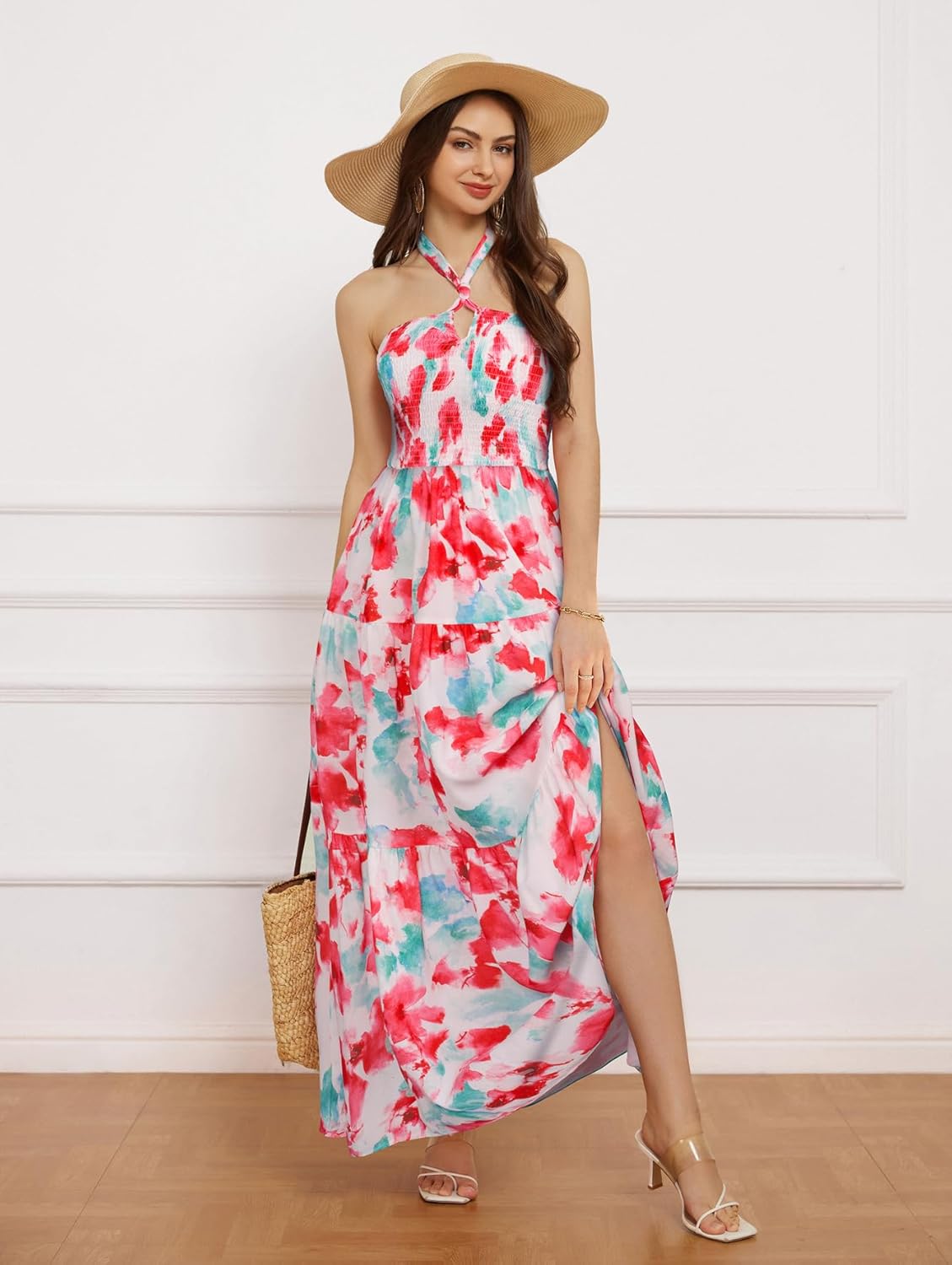 GRACE KARIN Damen Sommerkleider 2025 Neckholder Ärmellos Gesmoktes Rückenloses Cut-Out Blumenmuster Fließendes A-Linien Maxikleid