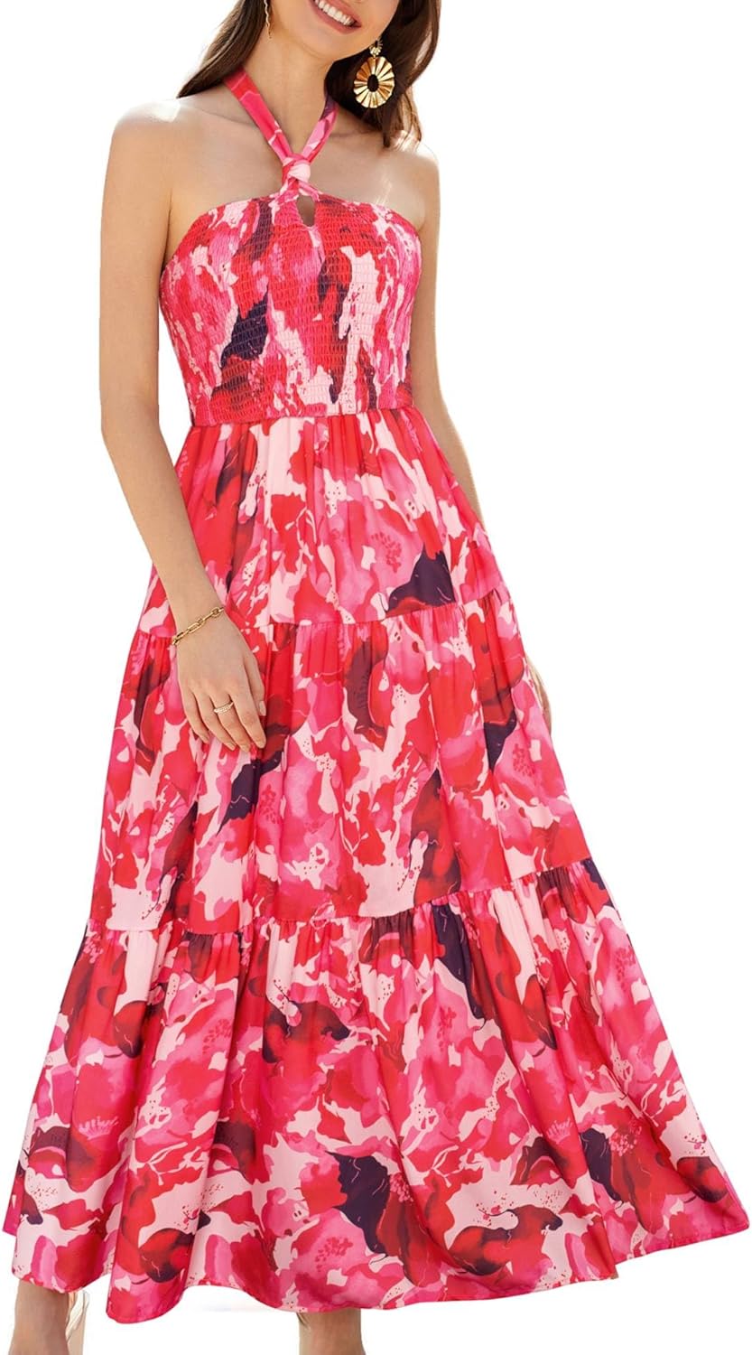 GRACE KARIN Damen Sommerkleider 2025 Neckholder Ärmellos Gesmoktes Rückenloses Cut-Out Blumenmuster Fließendes A-Linien Maxikleid