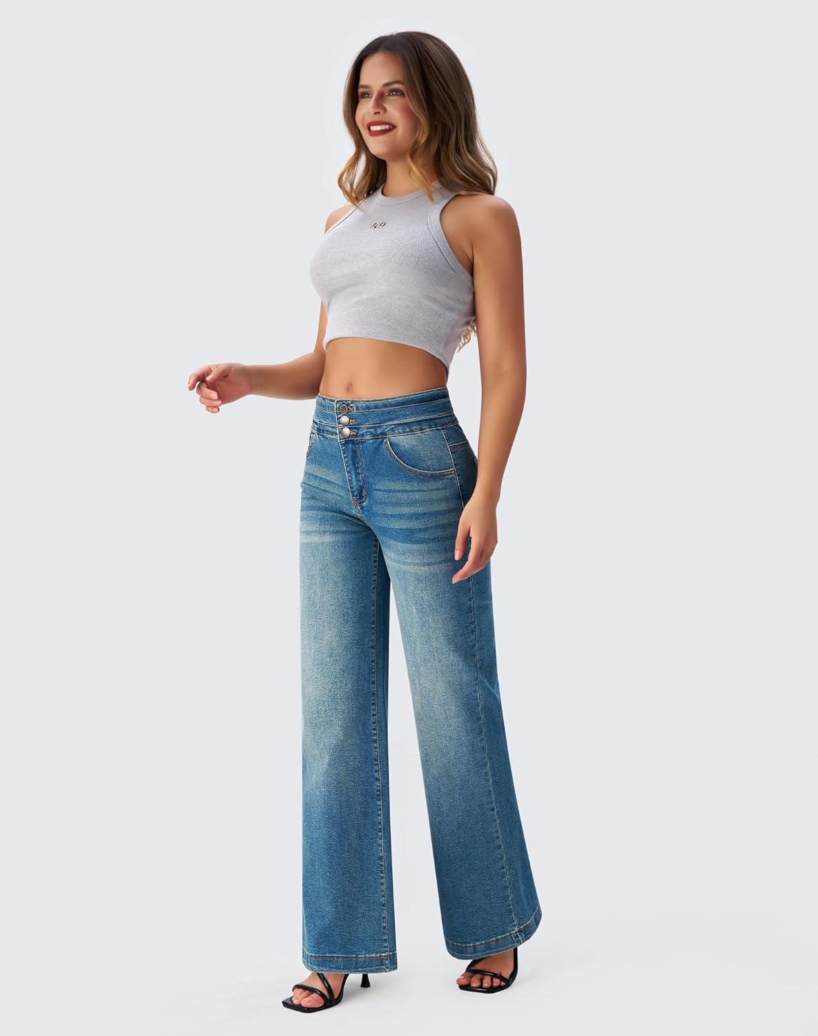 roswear Damen Wide Leg Jeans Lässige High Waist Stretch Baggy Loose Denim Hose